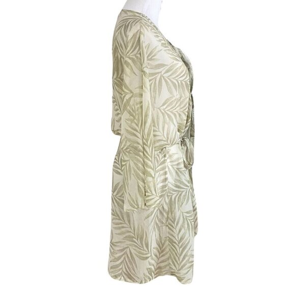 OYSHO WHITE GREEN LEAVES PATTERN SHEER LIGHTWEIGHT BELTED ROBE COVER-UP - M - Picture 2 of 10